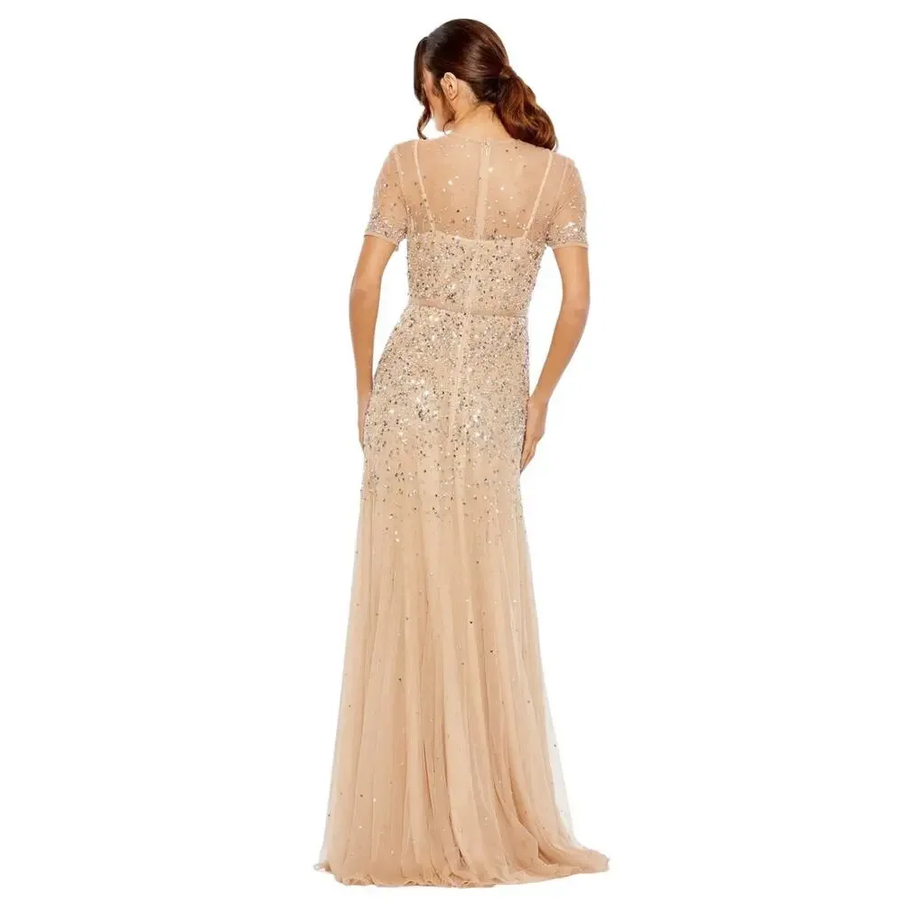 Mac Duggal 93909 Nude Silver Sequin Gown Sheer High Neck Short Sleeve Size 14 - Picture 3 of 8